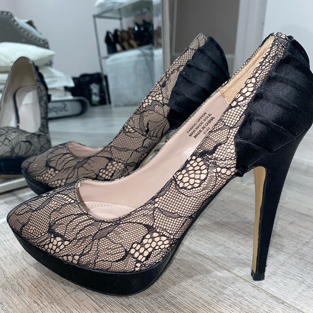 Black Lace and Satin Platform Pumps